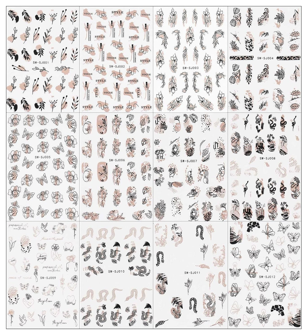 JMEOWIO Nagelsticker Rose Gold Schwarze Blume 12 Blatt Nail Art Sticker Selbstklebend Nagelaufkleber Frühlings Linie Abstraktes Blatt Dekoration Nageldesign Zubehör