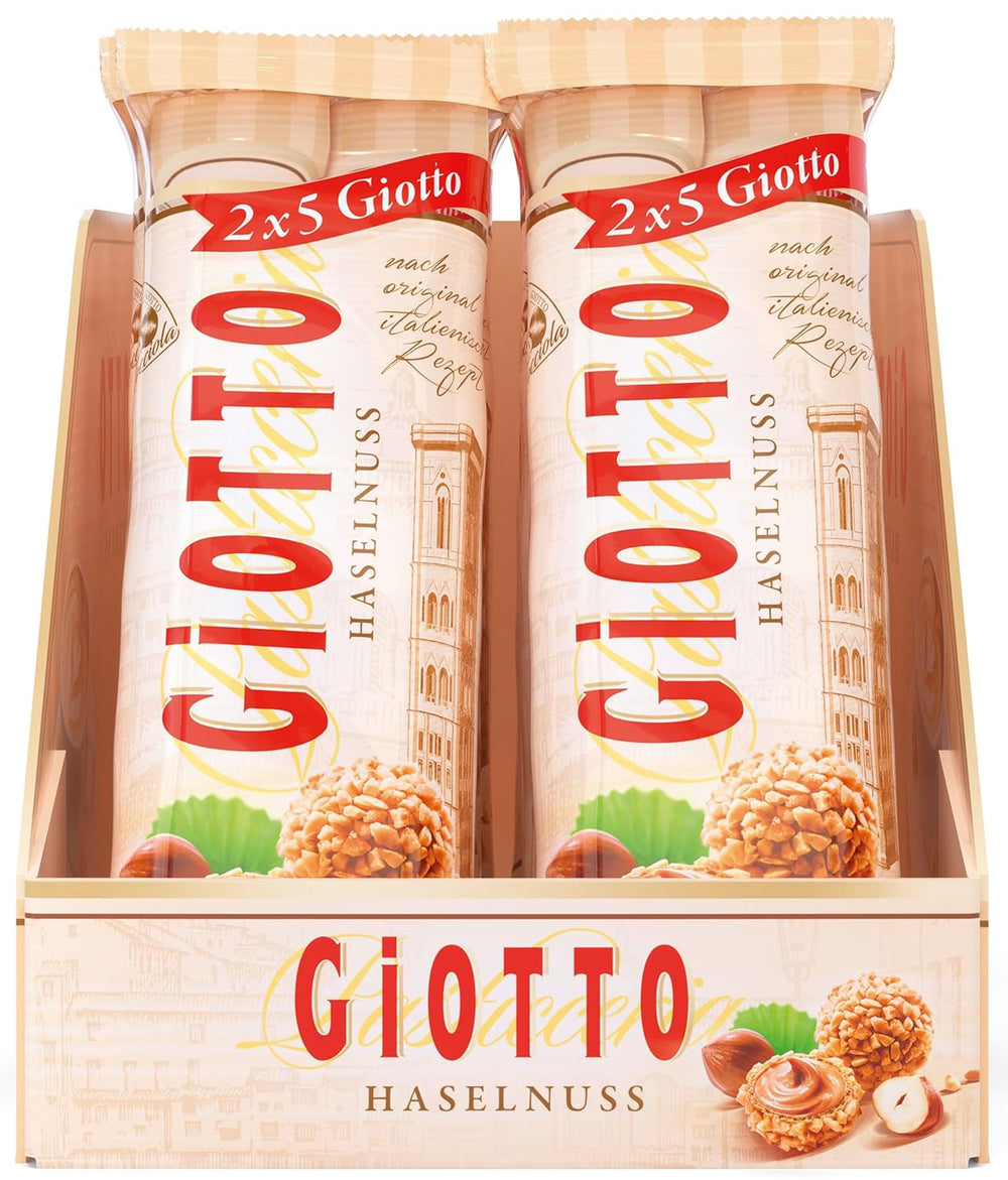 GiOTTO – o specialitate de patiserie preparată după o rețetă italiană originală – coajă de napolitană, umplutură cu lapte și cremă de alune și glazură din bucăți de alune – 10 x 21,5g