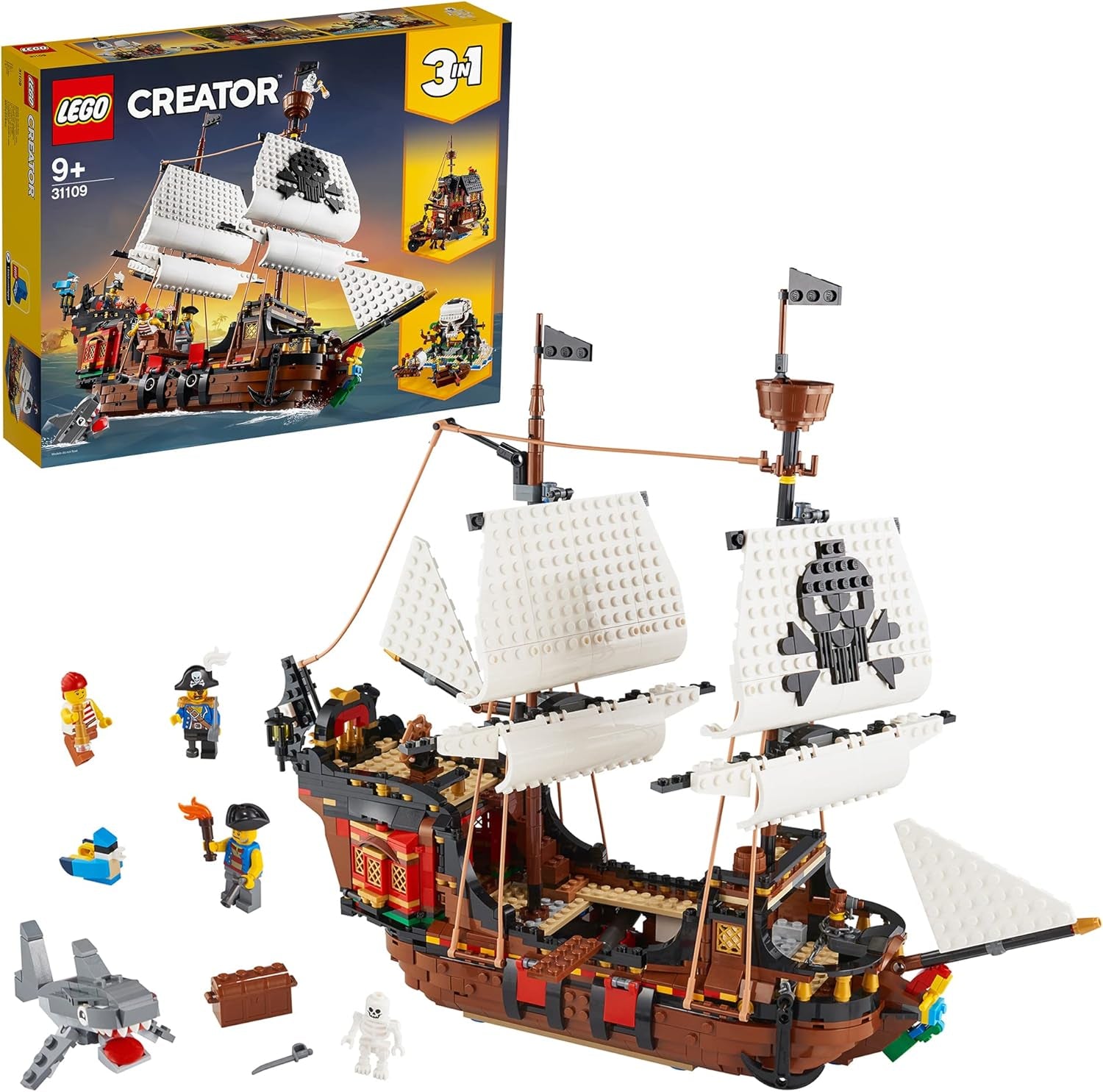 Set navă pirat LEGO Creator 3 în 1, jucărie cu 3 opțiuni de construcție, construiește o tavernă pirat sau o insulă pirat cu craniu, include 3 minifigurine pentru aventuri de rol 31109 Seturi de constructie Besuche den LEGO-Store Ambalaj standard
