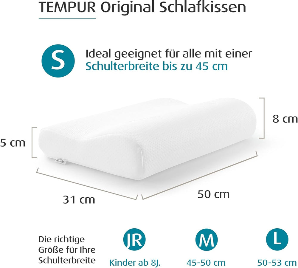 TEMPUR Original Sleeping Pillow Memory Foam, Pernă ergonomică de susținere a gâtului pentru cei care dorm lateral și pe spate, Fermă, M (50 X 31 X 10/7 Cm), Alb Perne ortopedice cervicale Naty Shop Pachet cu husă de pernă, antracit S (50 X 31 X 8/5 Cm)