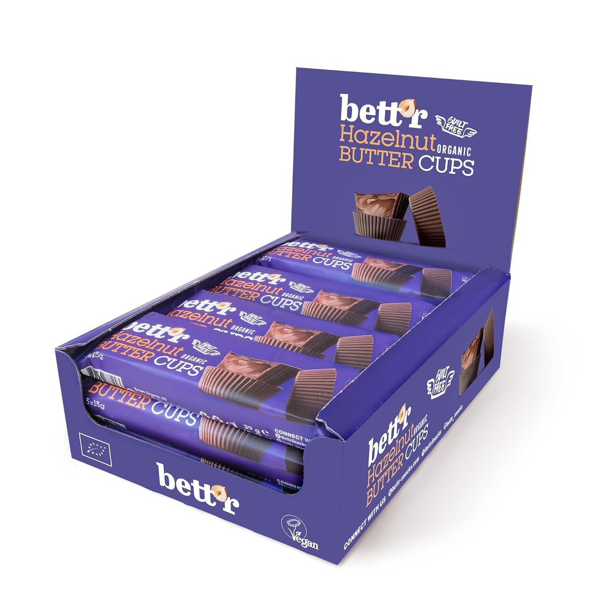 Bett'r Guilt Free Organic Hazelnut Buttercups. 100% vegan, fără gluten și fără lactoză - 12 x 39 g