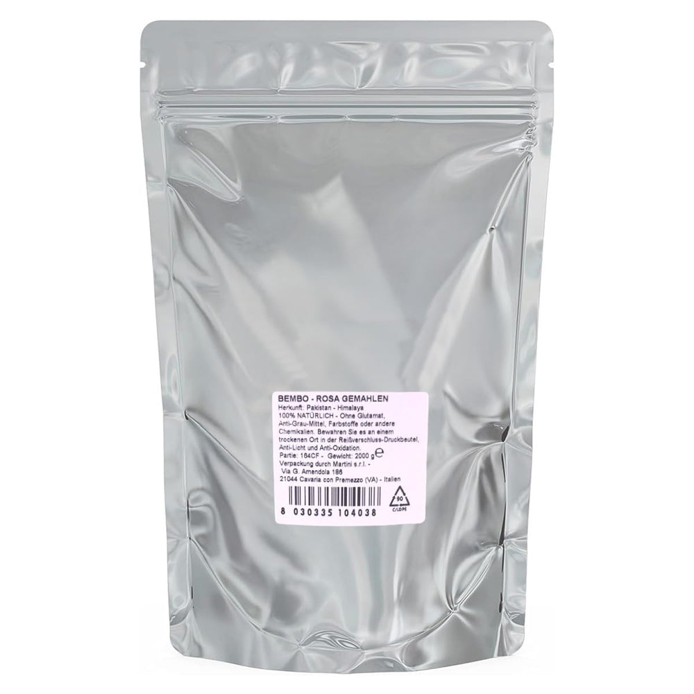 Bembo – gemahlenes rosa Himalaya-Salz (Salt Range, Pakistan) – 2 kg – Natriumarm, reich an Spurenelementen, ohne Konservierungsstoffe, Farbstoffe oder Rieselhilfen – Fein