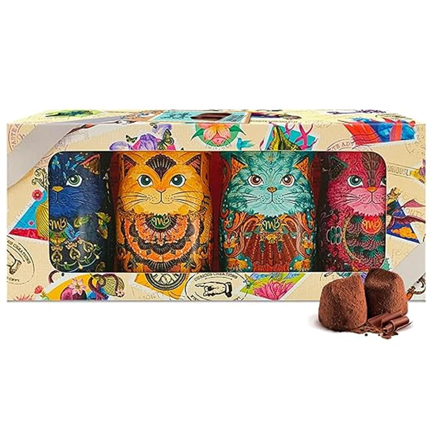 Trufe de ciocolată Monty Bojangles Savanna Gold (135g) pudrate cu cacao, praline, set cadou într-o cutie individuală de colecție cu design de pisică, aromă de scotch Flutter
