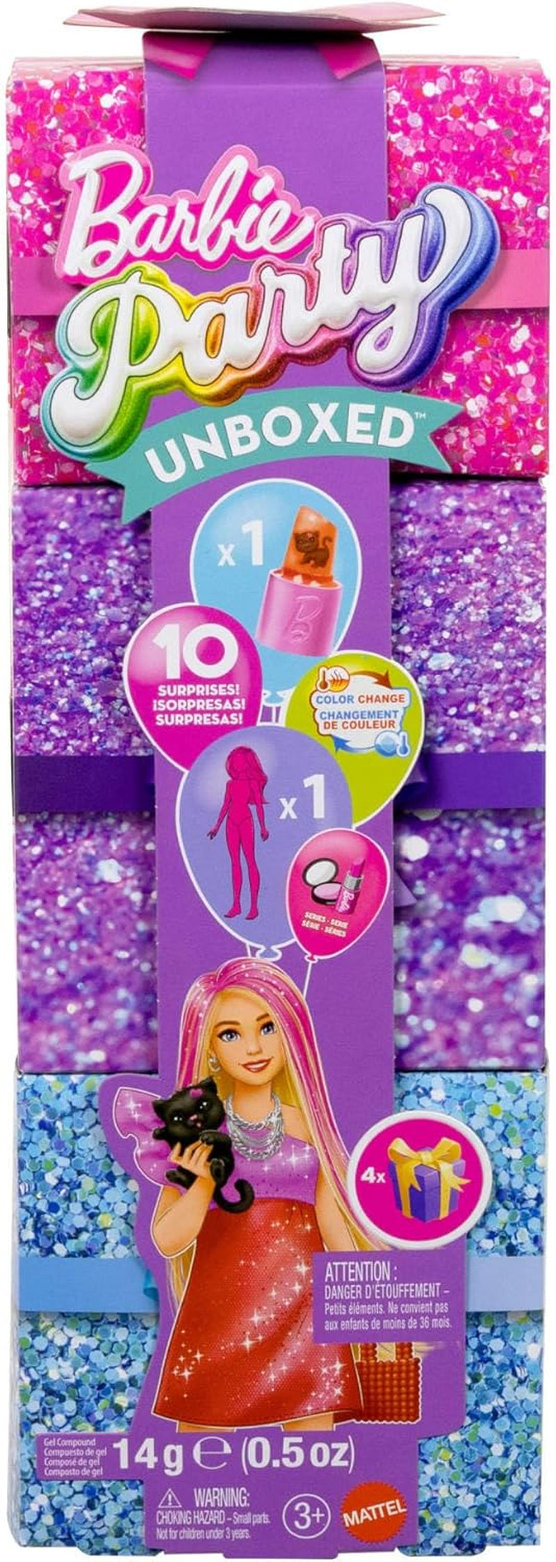 Păpușă Barbie Party fără cutie și accesorii, seria Glam Party cu 10 surprize, inclusiv o păpușă roșie strălucitoare cu efect de schimbare a culorii, JFY68