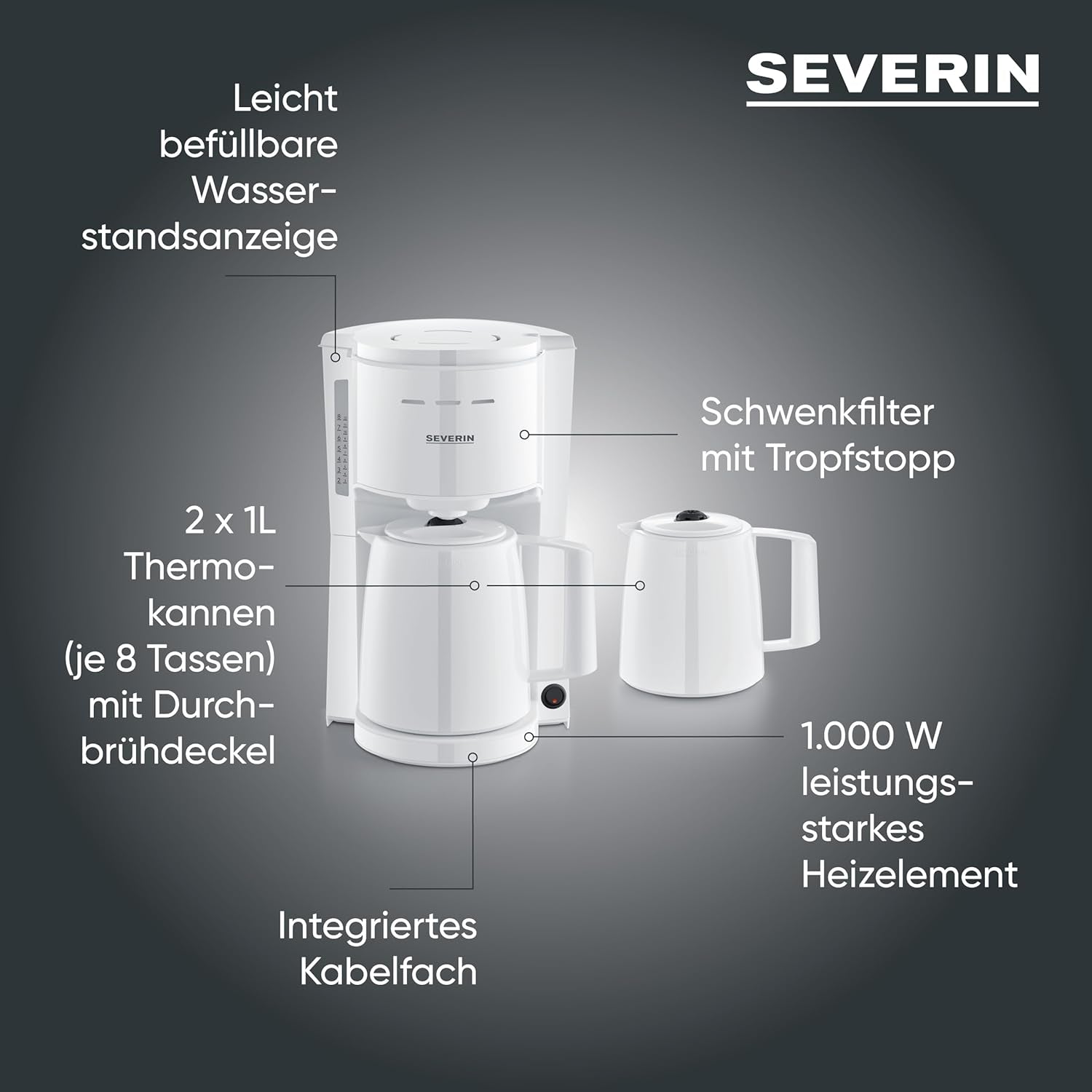 Espressor Severin cu filtru și 2 carafe termice, espressor cu capac, turnare fără picurare, menținere lungă a temperaturii, oprire automată, 1000 W, aprox. 1 litru, alb, KA 9309