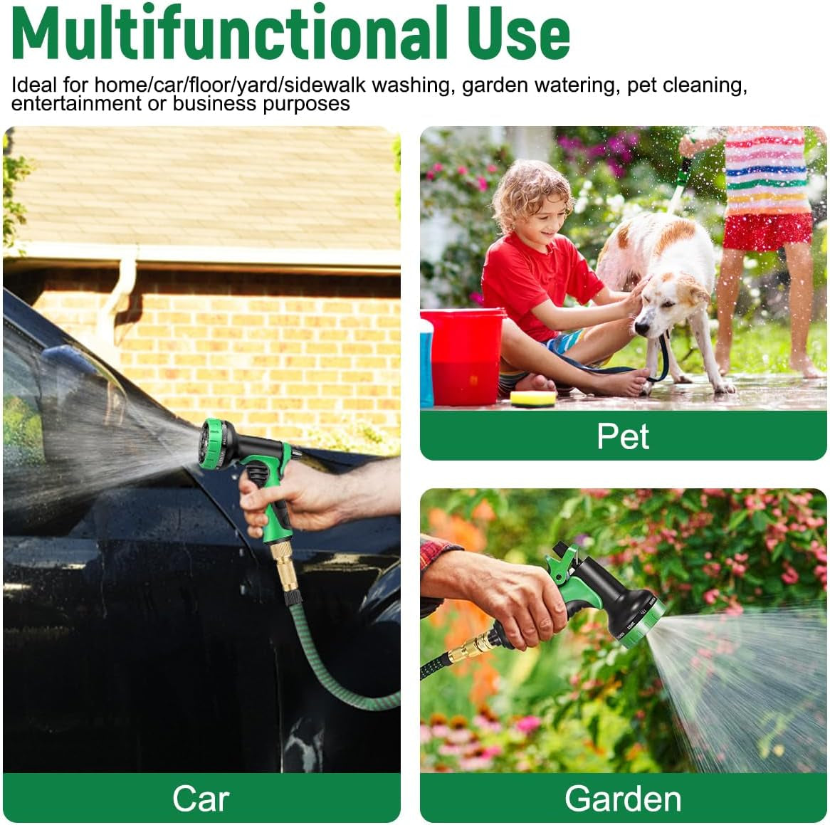 Furtun flexibil de grădină 30m/100ft verde, cu duză de pulverizare și conectori din alamă de 3/4" și 1/2", furtun de apă extensibil cu 10 funcții, extensibil de 3 ori, fără îndoituri, pentru grădină, podea, terasă, mașină