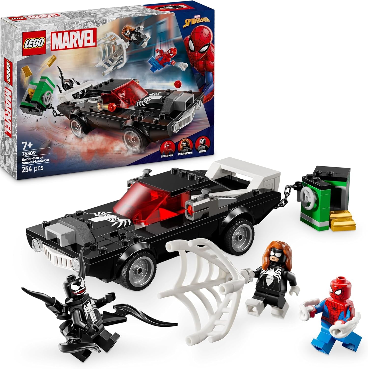 LEGO | Marvel Spider-Man Mech vs. Venom Muscle Car - Auto Spielzeug mit 3 Superhelden Minifiguren - Modellauto mit Shootern - Geschenk für Jungen und Mädchen ab 7 Jahren 76309