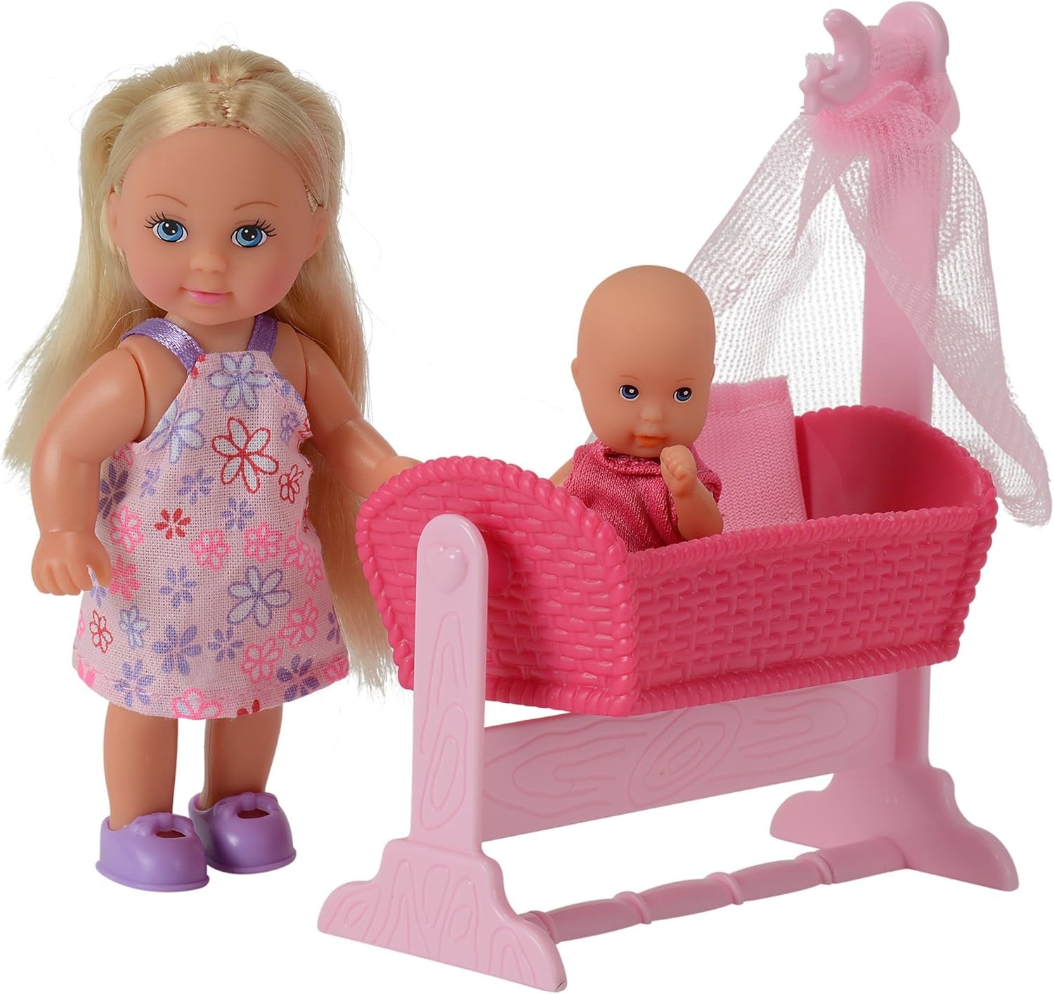 Simba 105736242 - Leagăn pentru păpușă Evi Love, 2 asortate, Evi ca bonă, cu leagăn și bebeluș, păpușă la modă, 12 cm, pentru copii cu vârsta de 3 ani și peste