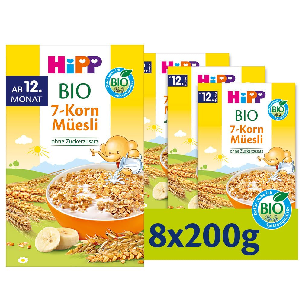 Muesli organic HiPP cu 7 cereale (8 x 200 g), de la 12 luni, fără zahăr adăugat, bucăți extra fine - ușor de mestecat, de cea mai bună calitate organică