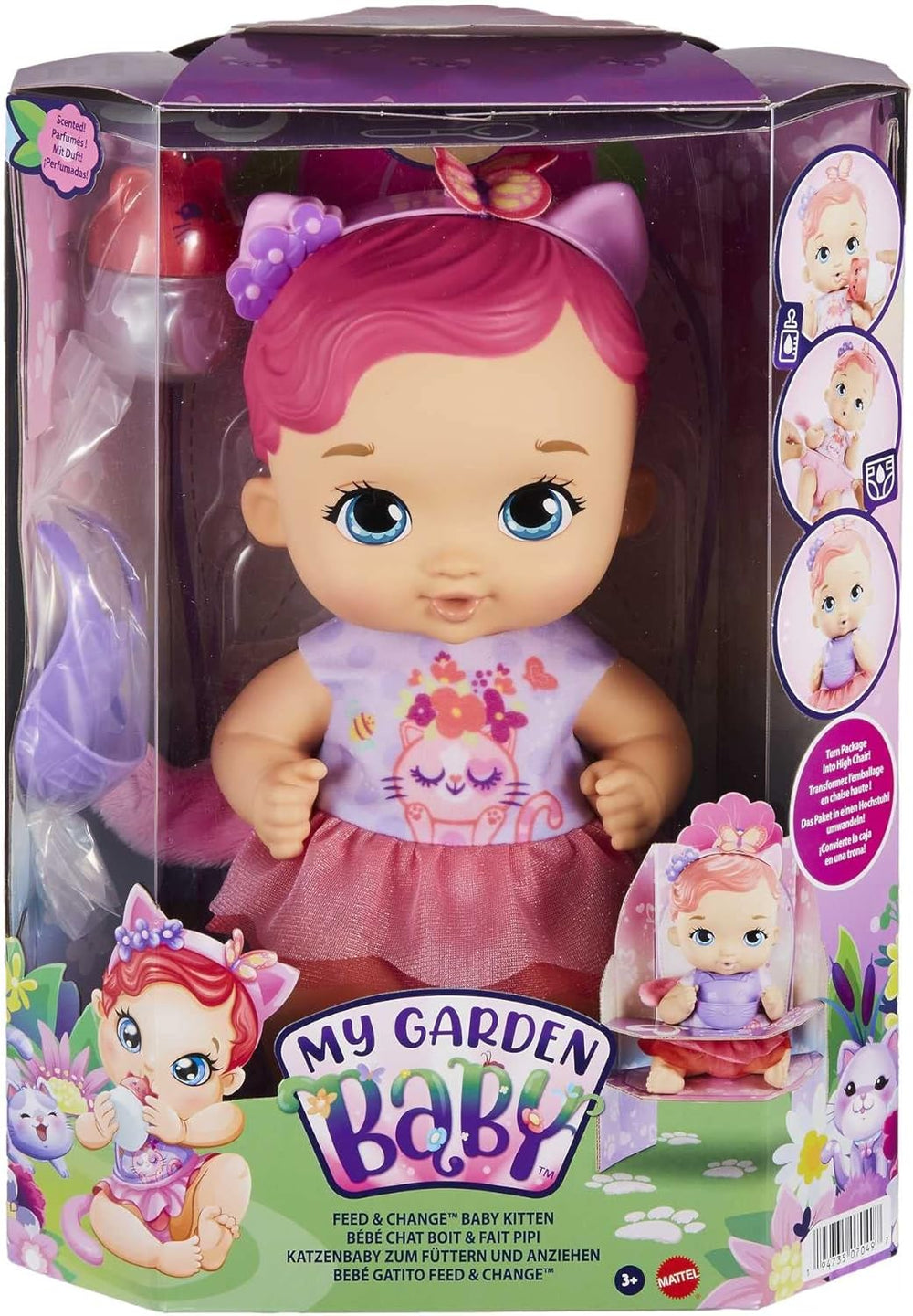 My Garden Baby HHL21 - Katzen-Baby Puppe (pinke Haare) mit Katzenohren und süßem Jasmin-Duft, inklusive Lätzchen, Fläschchen und Stoffwindel, Spielzeug für Kinder - ab 3 Jahren