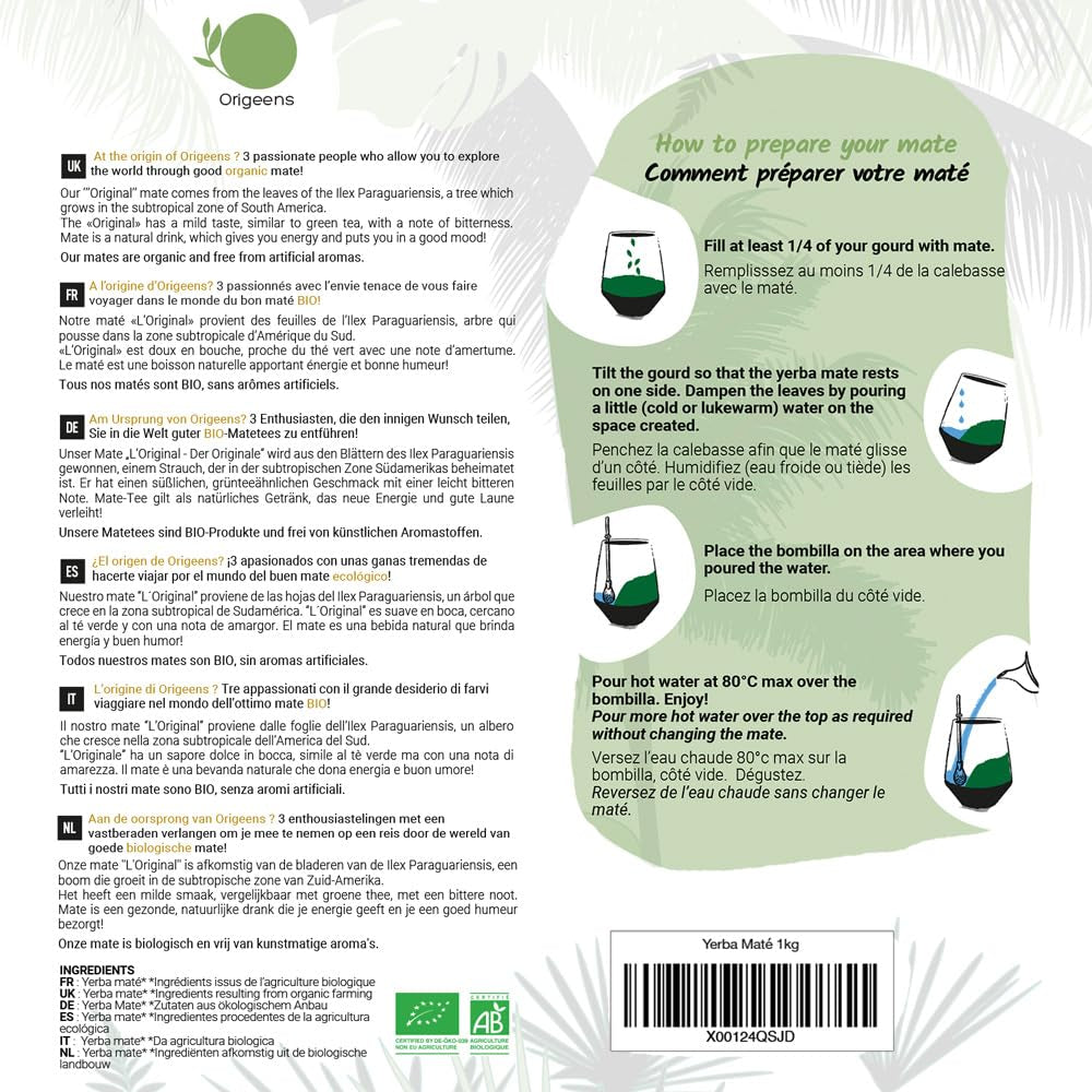 CEAI ORIGEENS BIO YERBA MATE 1 KG - Originalul I Neprăjit, frunze, fără tulpini, praf și firimituri I Băutură energizantă și detoxifiantă