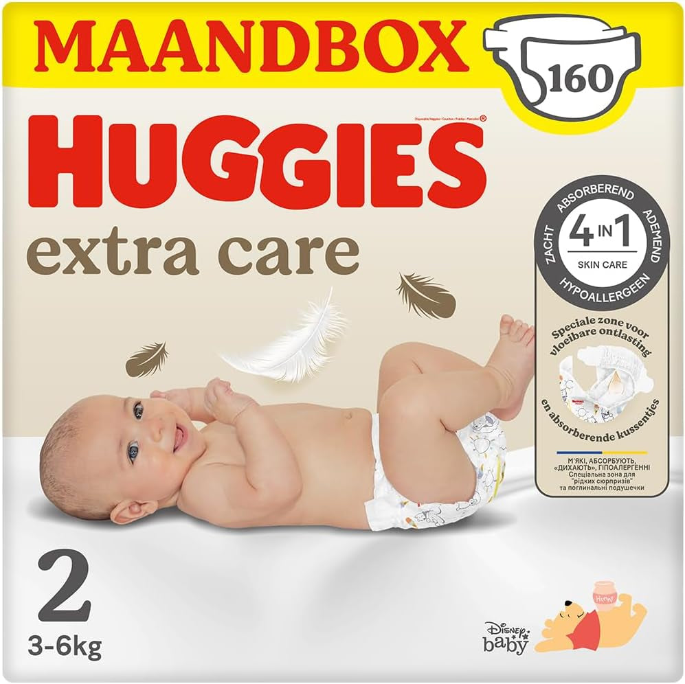 Scutece Huggies Extra Care pentru bebeluși, mărimea 2 (3-6 kg), foarte absorbante, design Disney, pachet vrac, 160 bucăți