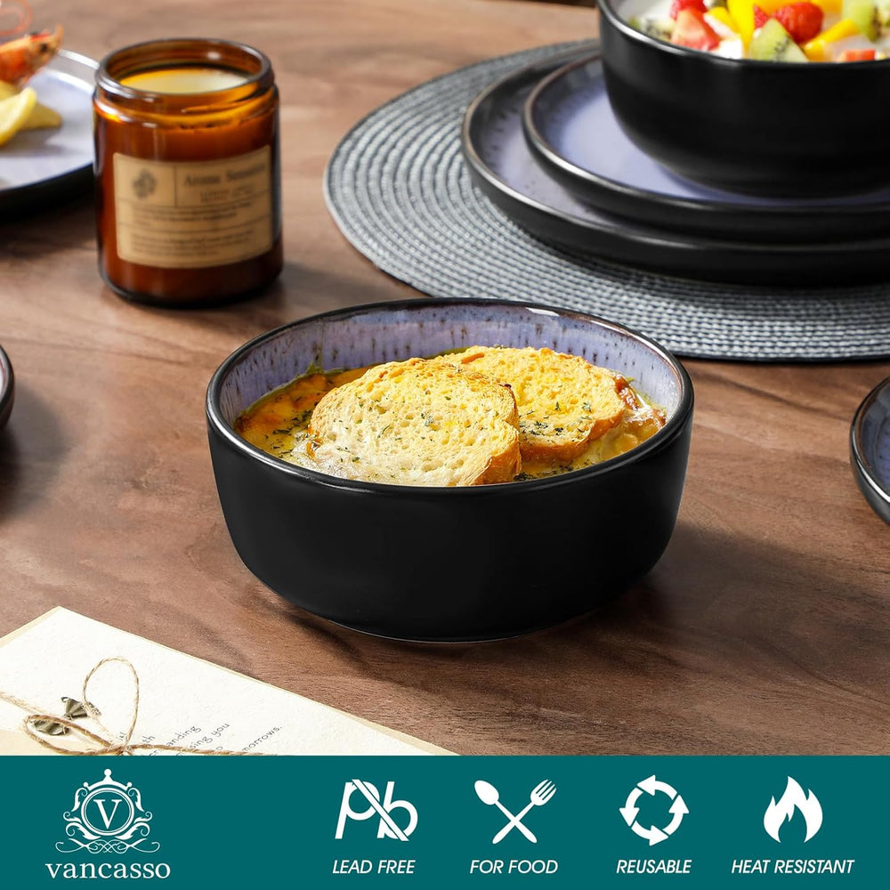 Steingut Geschirrset 6 Personen, vancasso AMBER Teller Set 6 Personen, Tafelservice 24tlg mit Speiseteller, Dessertteller, Suppenteller, Schüssel, Reaktive Glasur, Abendviolett, Spülmaschinenfest