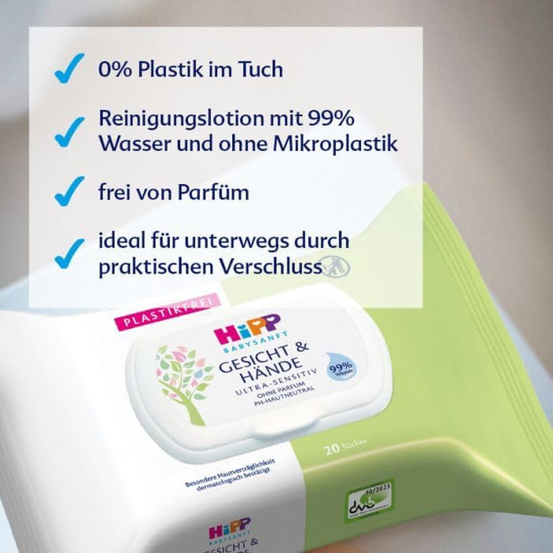 Șervețele umede moi HiPP Baby pentru față și mâini, pachet de 12 (12 x 20 bucăți)