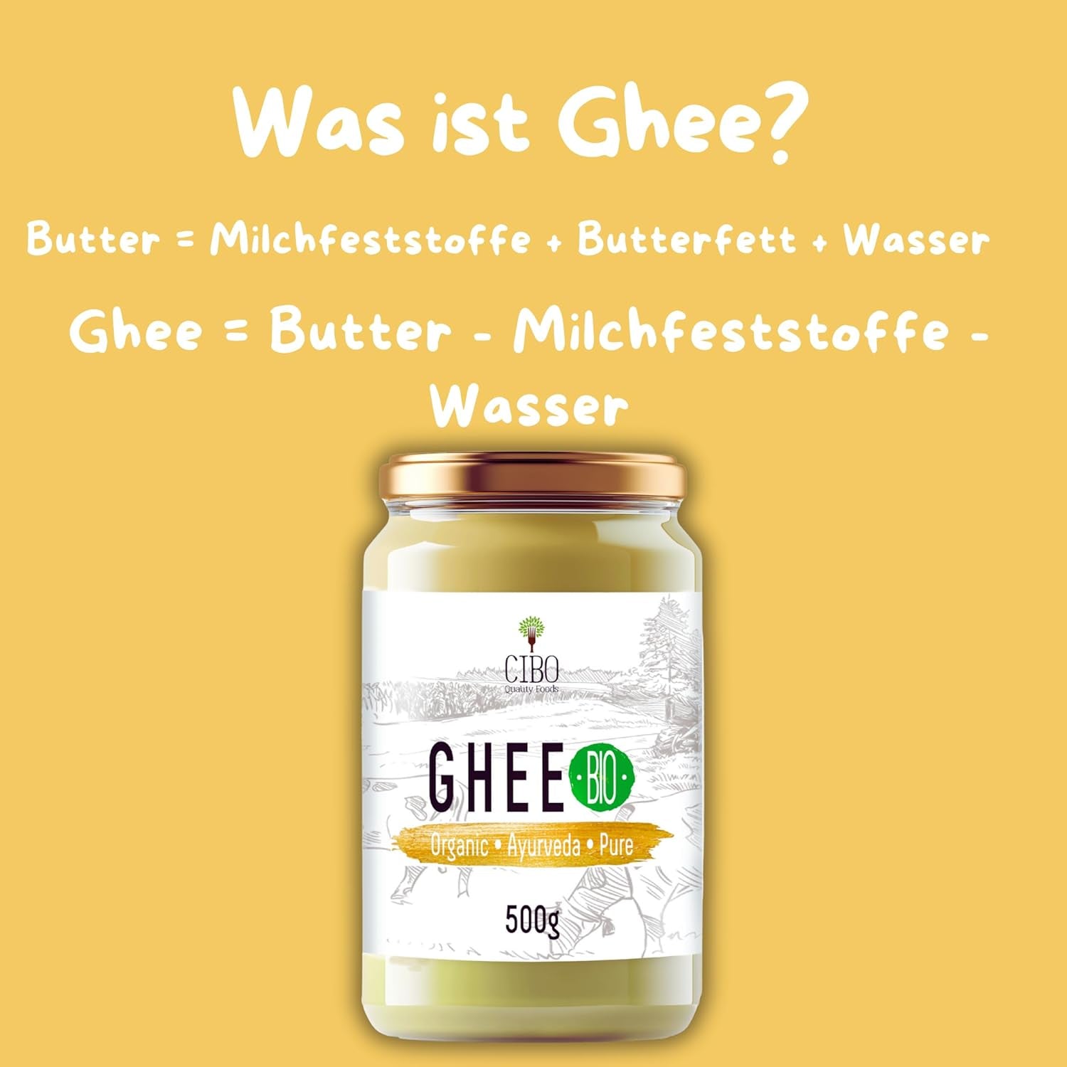 Cibo Bio Ghee 500g – Milch aus Parma & Reggio Emilia – Hergestellt in Italien – Weidekühe – Rauchpunkt 250°C – Aus Zentrifugensahne
