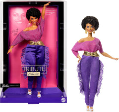 Barbie Signature Puppe, Debbie Allen Tribute Collection Bewegliche Puppe mit schulterfreiem Oberteil, goldenem Gürtel und violetten Fransenhosen mit Stulpen, JBJ24