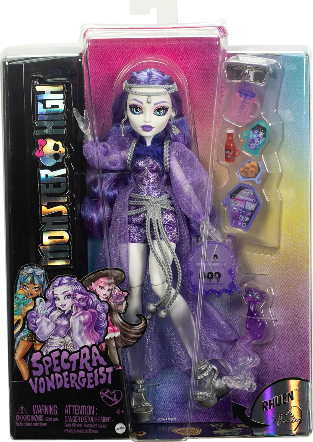 Păpușă Monster High Spectra Vondergeist cu dihorul Rhuen și accesorii precum rucsac, tabletă, gustări și multe altele, HXH77 Papusi Naty Shop