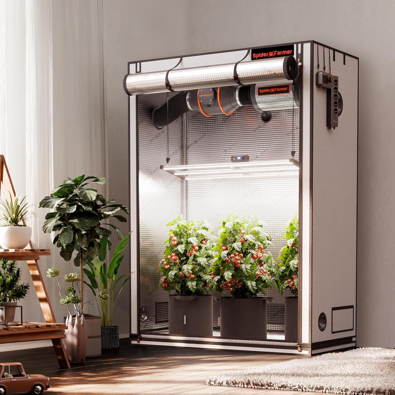 Cort de creștere Spider Farmer Pro 70x140x200 cm, cu ușă rulantă, fereastră de observare, panou de podea detașabil, material textil Mylar 2000D, pentru cultivare hidroponică în interior cu SF4000, G4500, SE4500