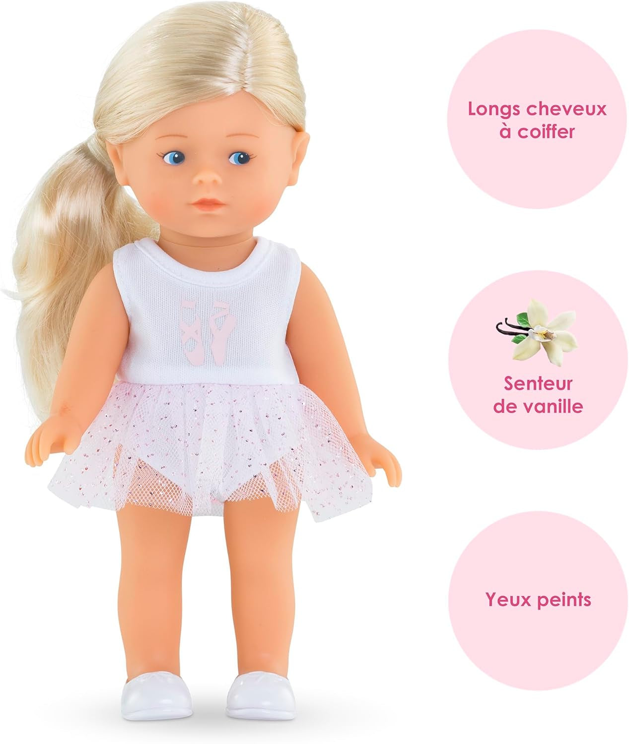 Les Trendies Mini Corolline Rosy Ballerina Set, Vollvinylpuppe mit langem Haar, extra Outfit in Geschenkbox, Vanilleduft, 20cm, ab 3 Jahren