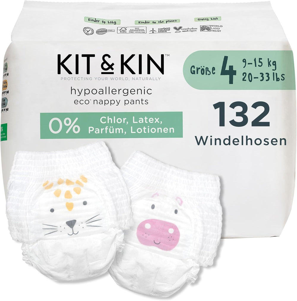 Scutece Kit & Kin Premium Eco, mărimea 4 (9-16 kg), 132 scutece, pe bază de plante și hipoalergenice, protecție fiabilă împotriva scurgerilor, vegane și fără cruzime