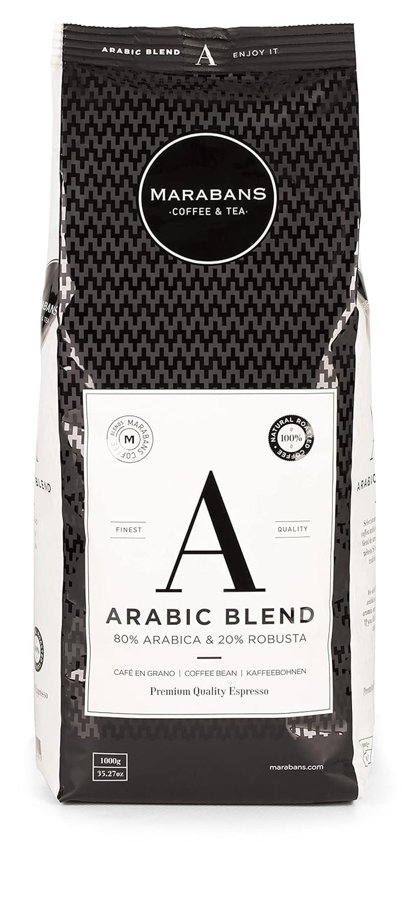 Boabe de cafea Marabans Arabic Blend, pachet de 1 kg - ARABICA 80% ROBUSTA: 20% - Textură cremoasă - Prăjire 100% naturală