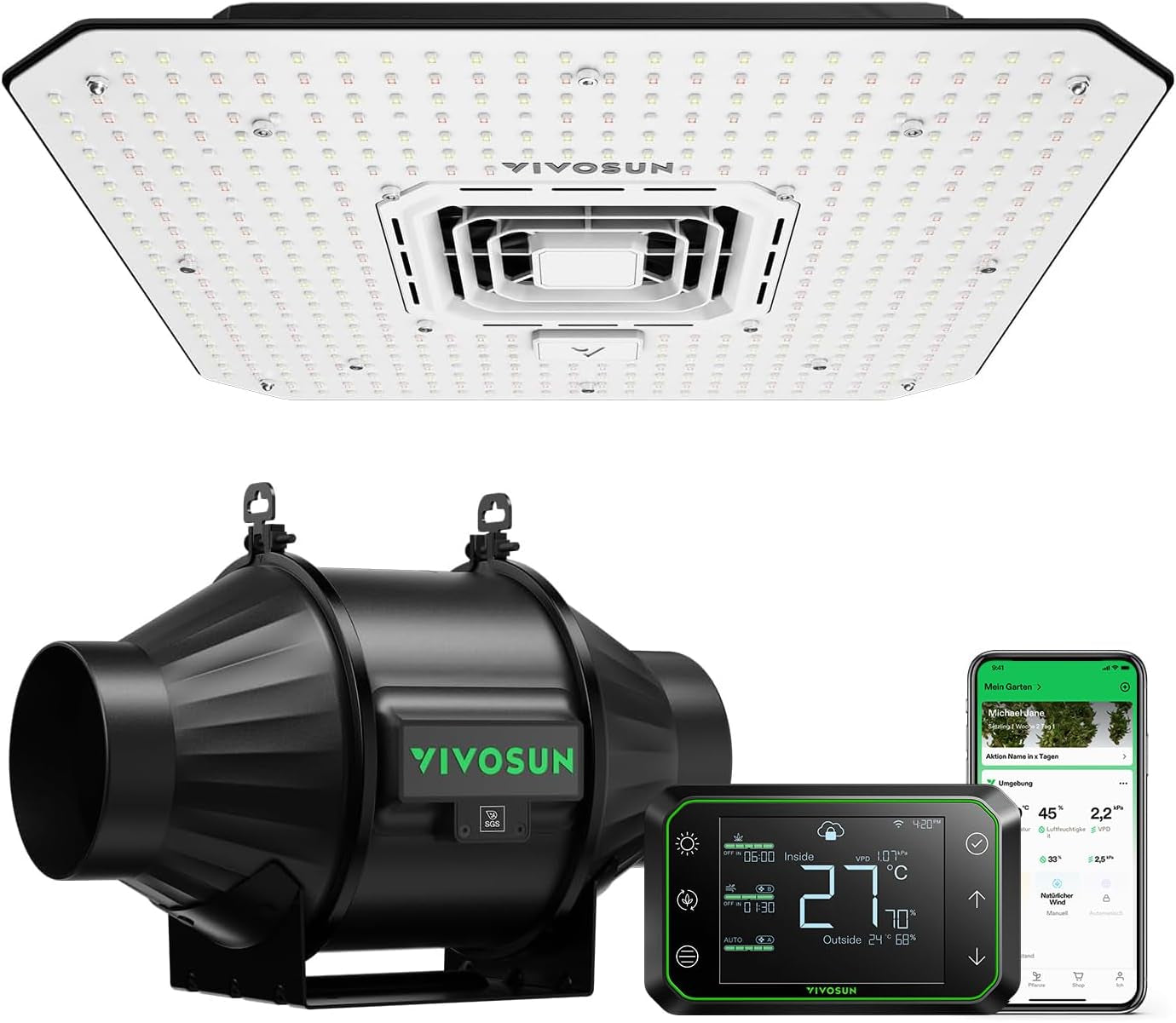 Sistem inteligent de creștere VIVOSUN cu lampă LED AeroLight A100SE de 100 W cu ventilator de circulație integrat, ventilator de conductă AeroZesh T4 de 100 mm de 357 m³/h și controler GrowHub E42A pentru corturi de creștere și cultivare în interior