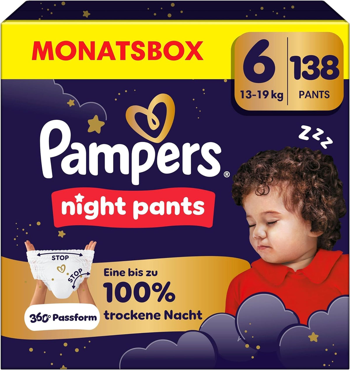 Scutecele Pampers Night Pants mărimea 6, 138 de bucăți, 13kg-19kg, oferă protecție suplimentară pentru întreaga noapte.