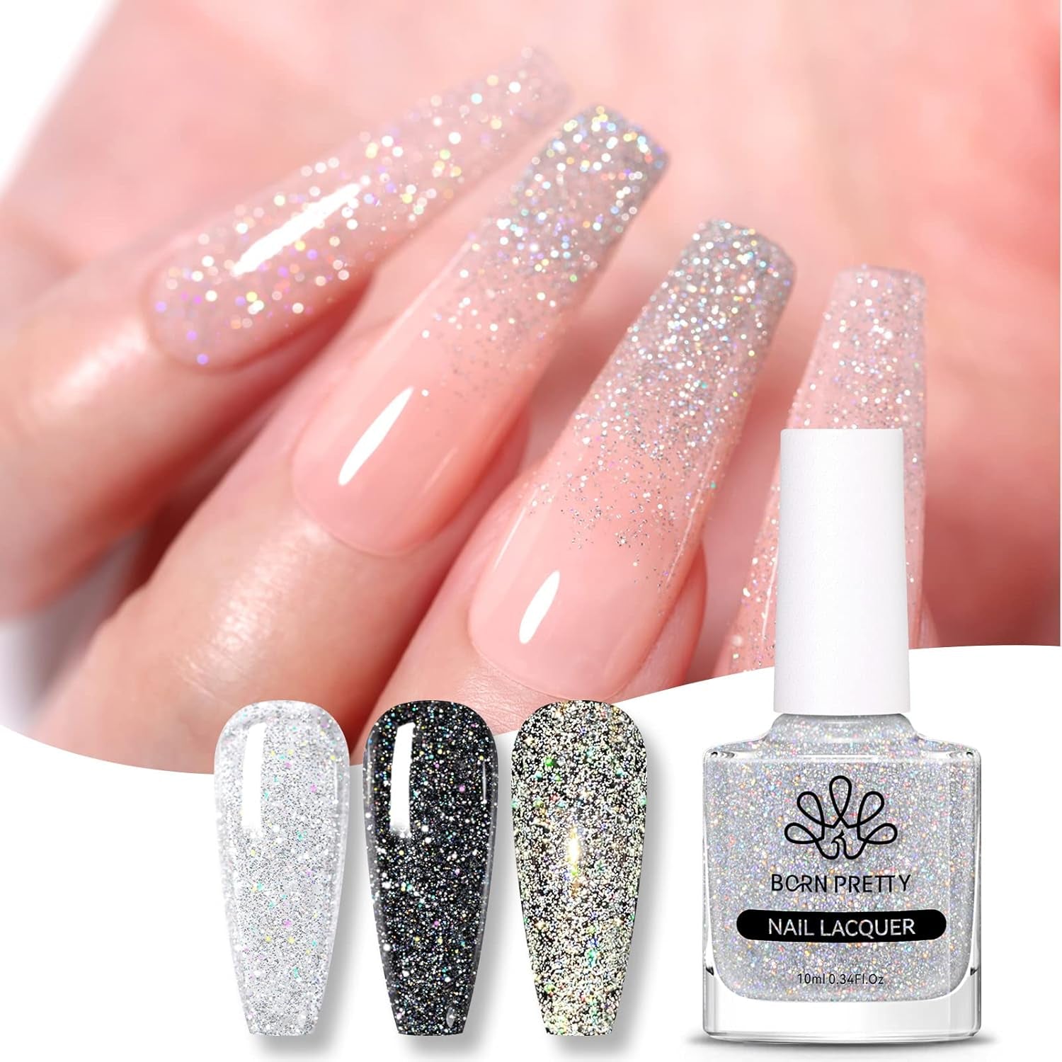 Born Pretty Oja cu Glitter, Rainbow Shining Glitter Super Shine Oja Nail Art Neagră