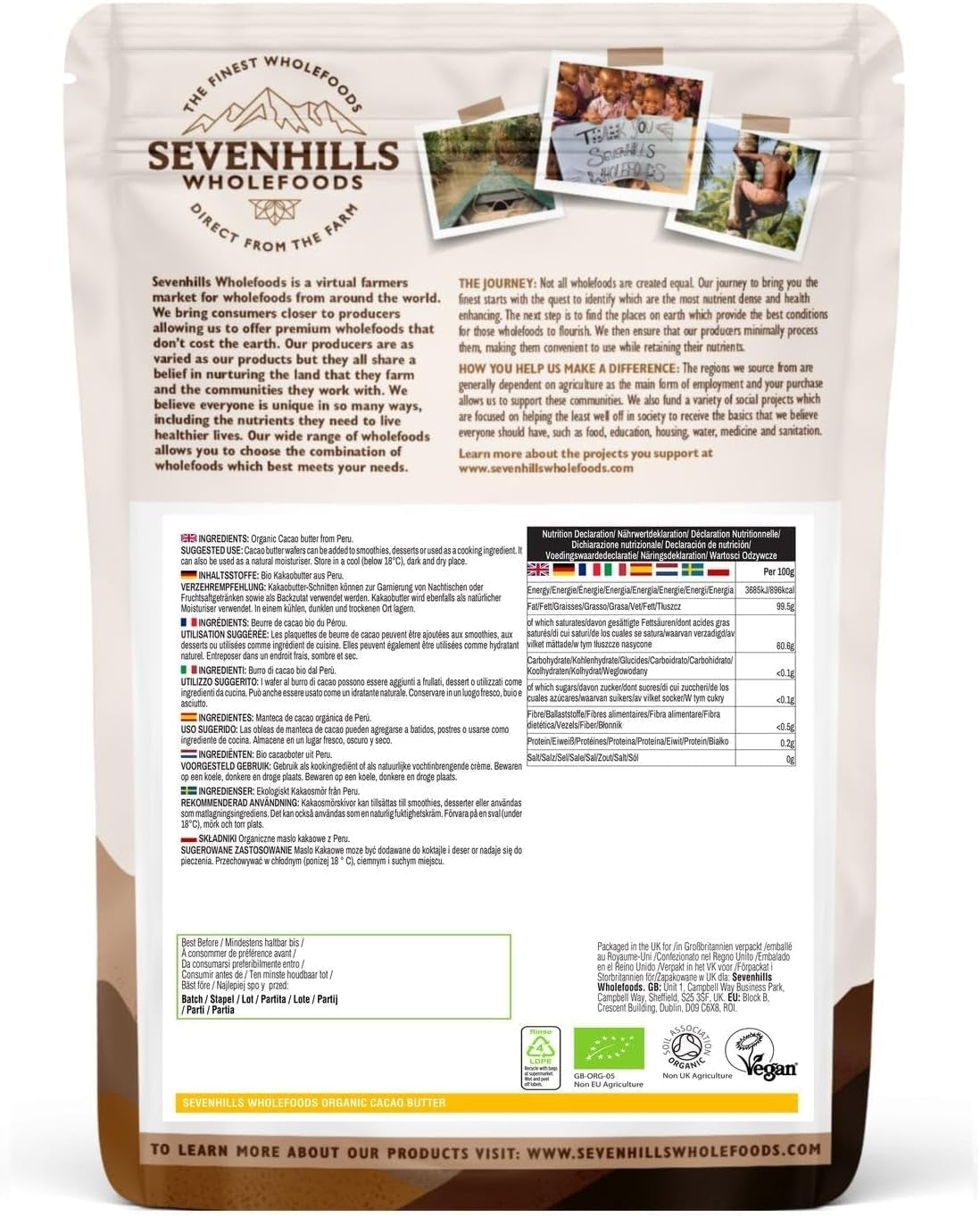 Sevenhills Wholefoods Kakaobutter Bio 200g, Rein und Natürlich, Premium Qualität