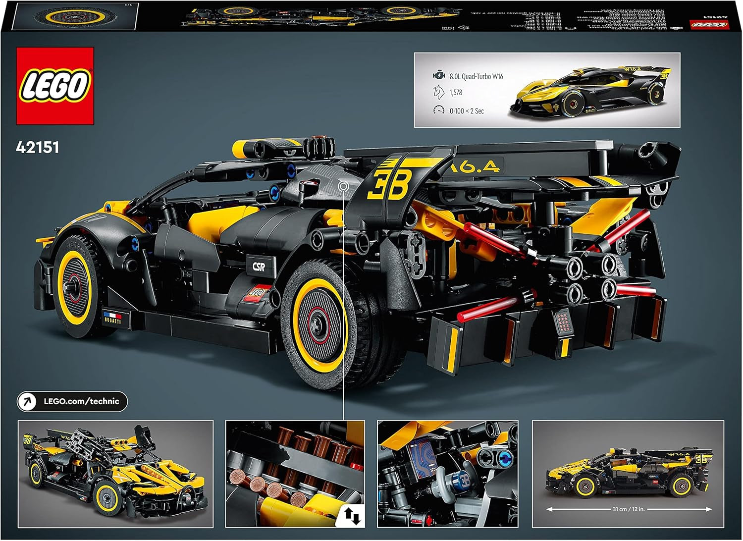 Mașină de curse LEGO Technic Bugatti, kit model mașină, jucărie mașină sport, set mașină iconică de colecționat, jucărie de construit de la 9 ani 42151 Seturi de constructie Besuche den LEGO-Store