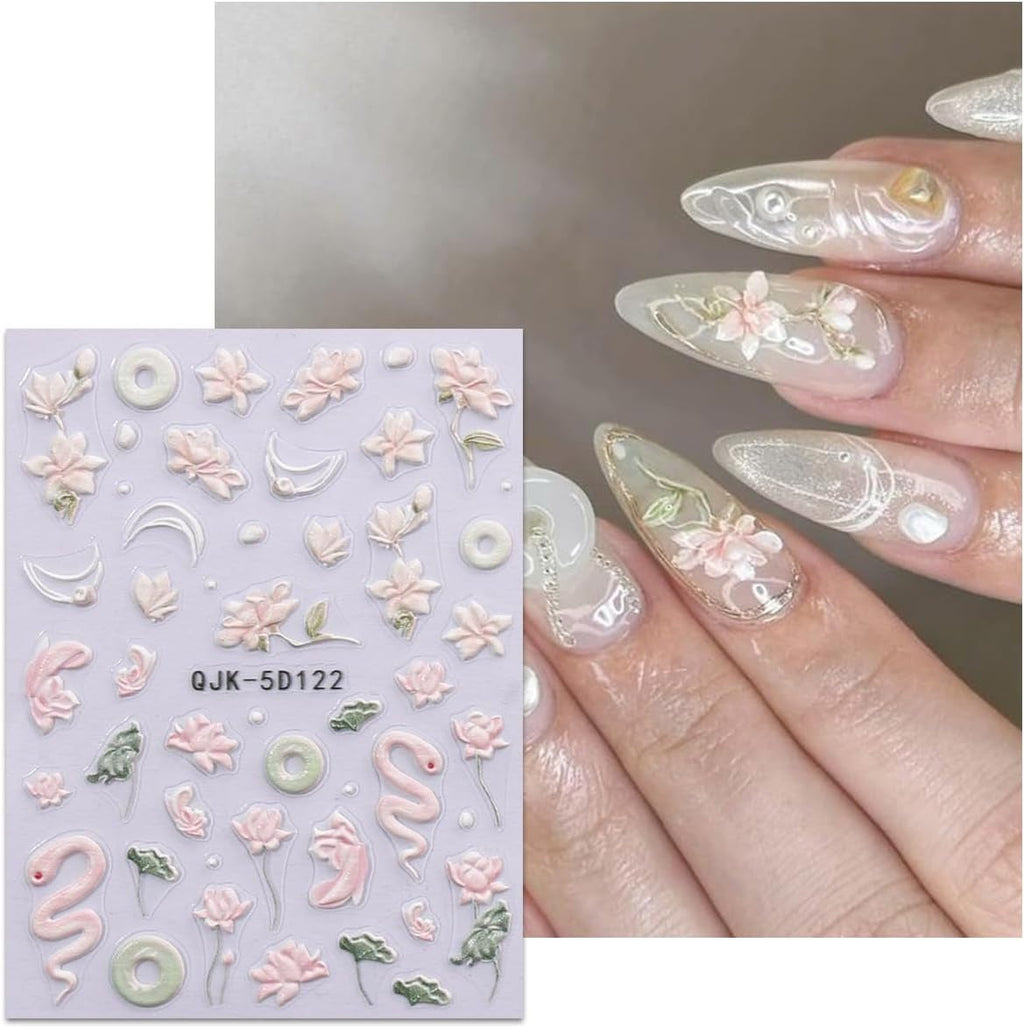 JMEOWIO 3D Nagelsticker Blumen Nail Art Sticker Selbstklebend Nagelaufkleber 5D Stereoskopisch Frühling Sommer Dekoration Nageldesign Zubehör 4 Blatt
