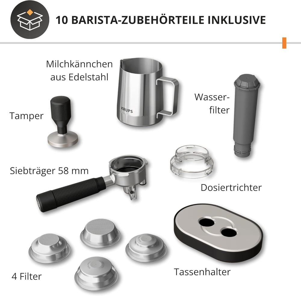 Espressor manual Krups Precision cu portafiltru și râșniță, aparat de cafea barista cu panou de control intuitiv, setări de pre-infuzare, espressor cu duză de abur, încălzire rapidă, XP801T10