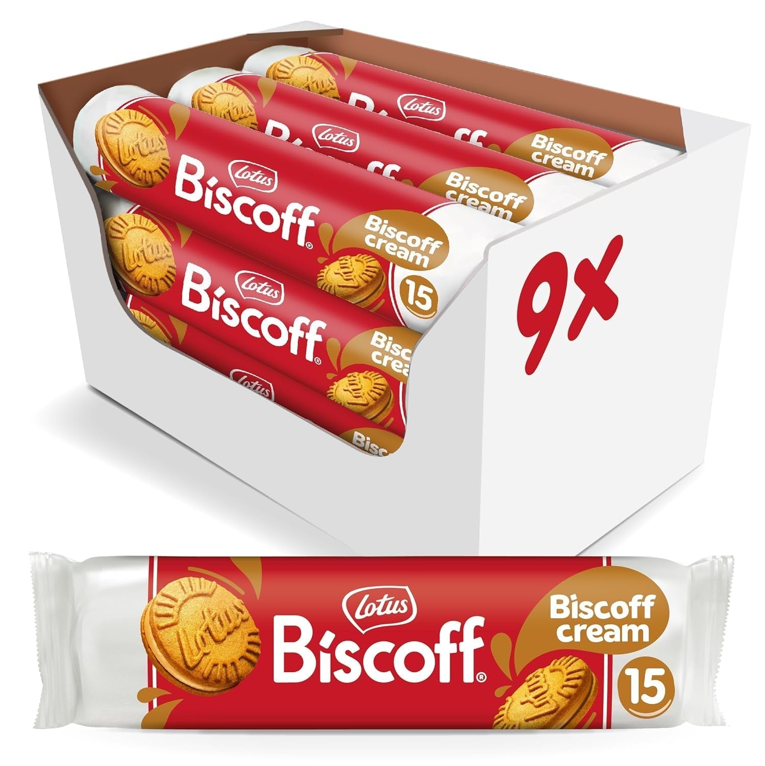 Lotus Biscoff | Biscuiți gemeni tip sandwich cu umplutură de cremă Biscoff | 15 biscuiți tip sandwich per pachet | Doar ingrediente naturale | Vegani | Fără coloranți sau arome adăugate | 9 x 150g | 1,35 kg