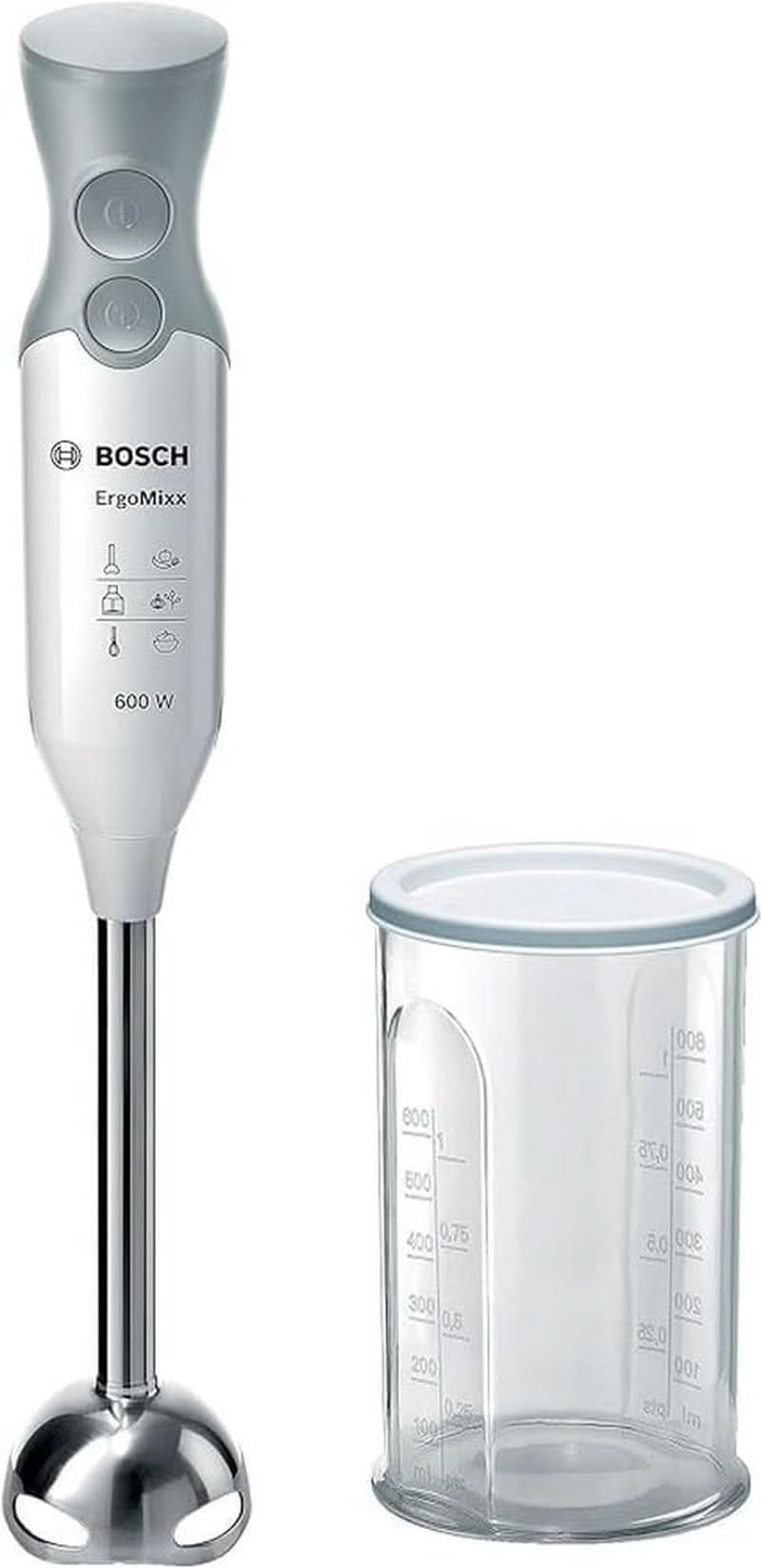 Bosch Stabmixer Ergomixx MSM66110, Edelstahl-Mixfuß, Mix- Und Messbecher, 2 Geschwindigkeitsstufen, Leichtes Gehäuse, 4-Klingen-Messer, Einfache Reinigung, 600 W, Weiß/Grau Bucatarie Naty Shop