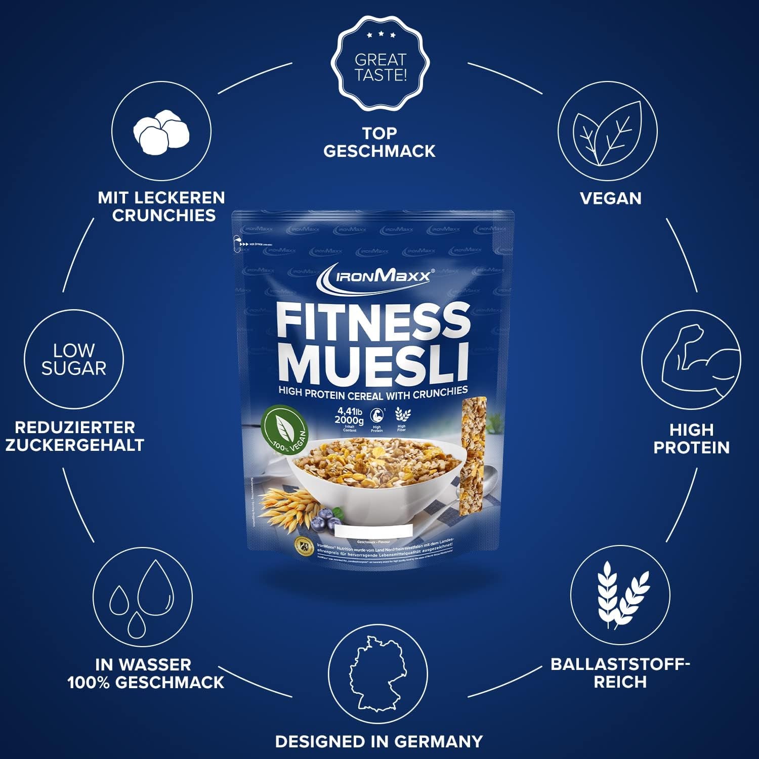 IronMaxx Fitness Muesli - Cookies & Cream, pungă de 2 kg | Muesli vegan bogat în proteine cu conținut crocant | Conținut redus de zahăr și bogat în fibre