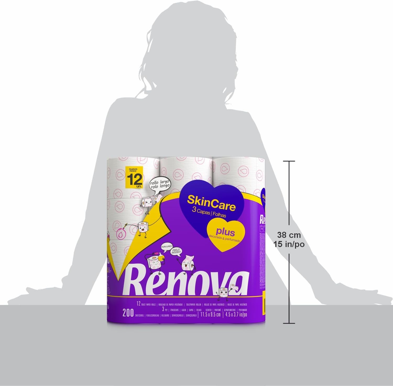 Renova - Hârtie igienică Skin Care Plus, Decorată, Parfumată - 12 role (Hârtie igienică)