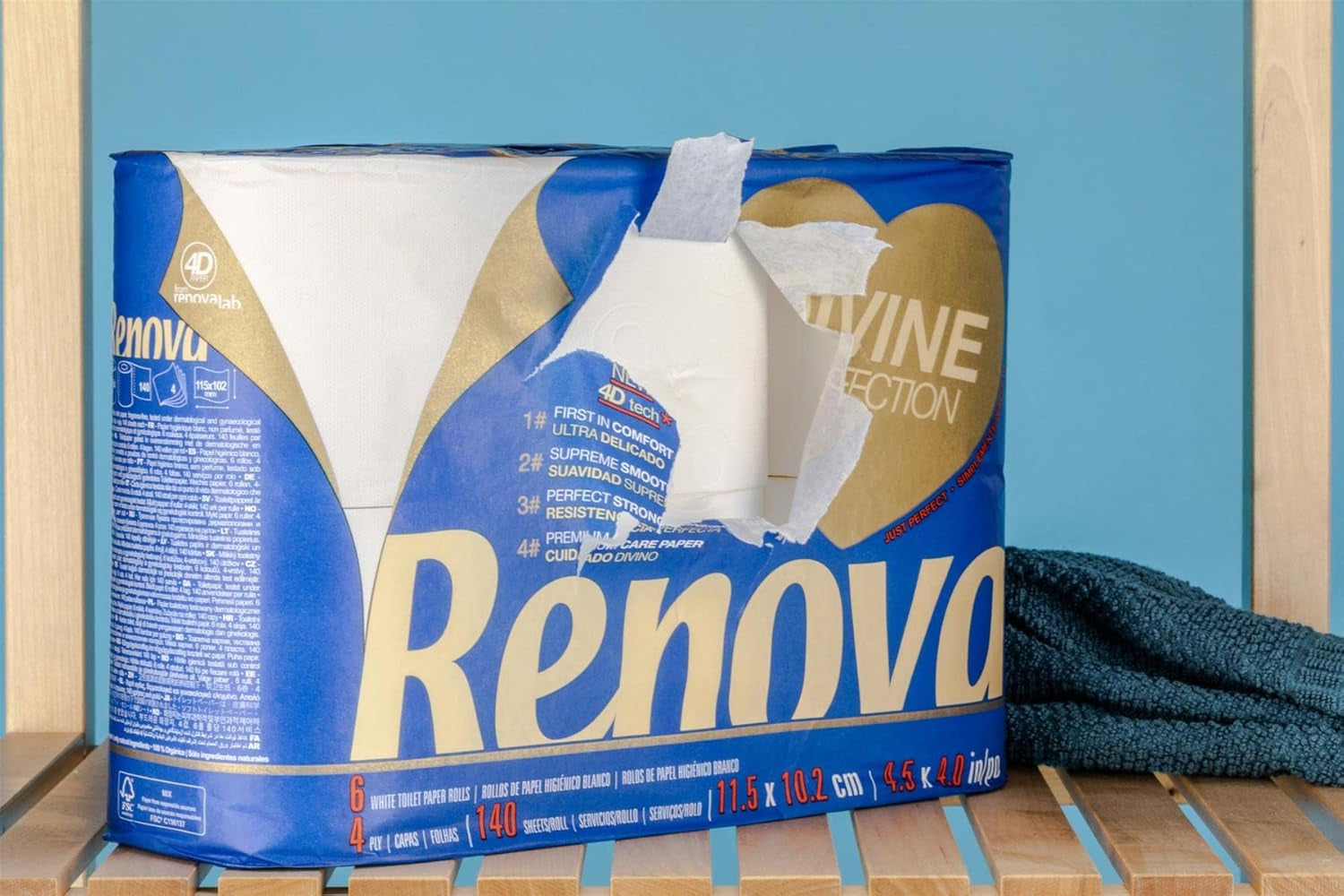 Hârtie igienică Renova Renova Divine Perfection, 42 role, hârtie igienică premium, 4 straturi, ultra moale, rezistență sporită, grosime, moale și absorbantă, hârtie certificată Fsc, 4400 G