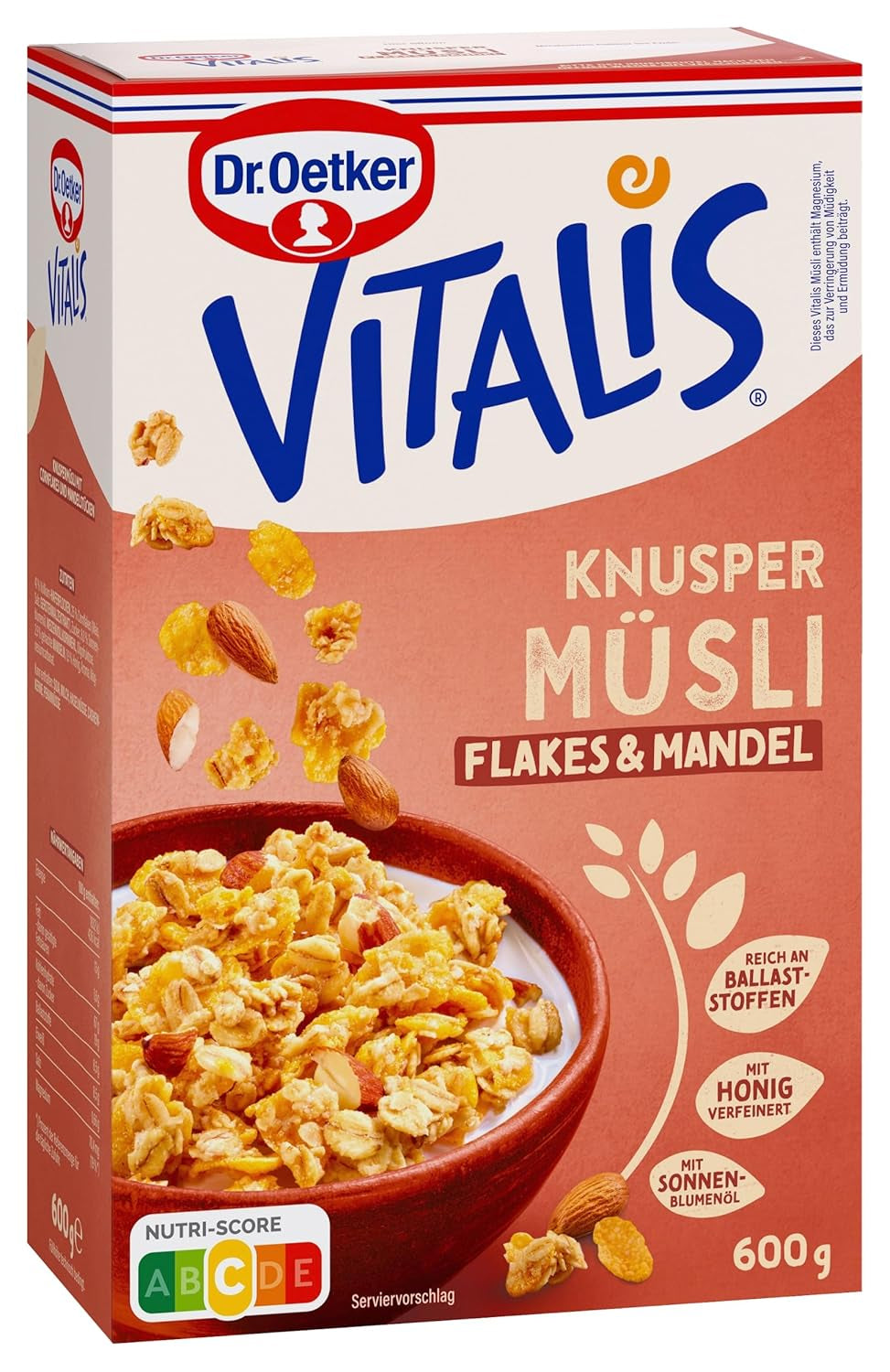 Dr. Oetker Vitalis Crunchy Flakes: Musli crocant cu fulgi de porumb și bucăți de migdale, pachet de 5 (5 x 600g)