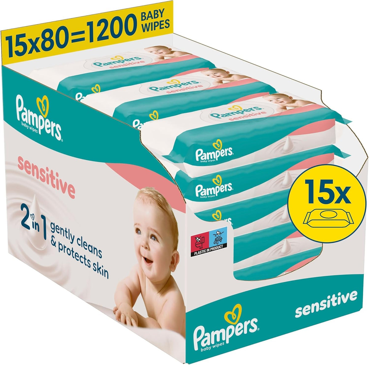 Șervețele umede Pampers Sensitive pentru bebeluși, 15 pachete a câte 80 de șervețele, 1200 de șervețele umede pentru bebeluși, curățare delicată 2 în 1 și protecție a pielii