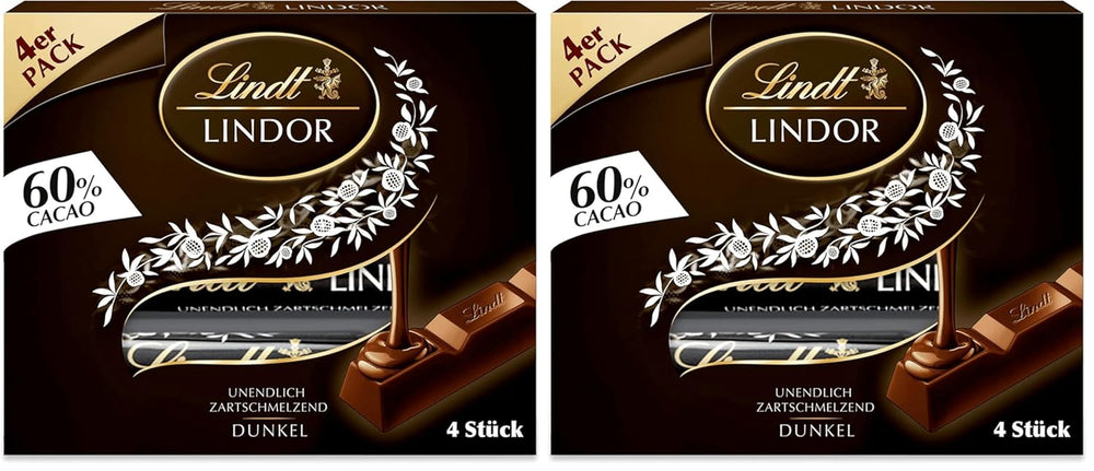 Lindt Ciocolată | Bețișoare LINDOR 60% Cacao | 100g | 4 bețișoare de ciocolată cu ciocolată neagră 60% cacao și umplutură care se topește în gură | Bețișor de ciocolată