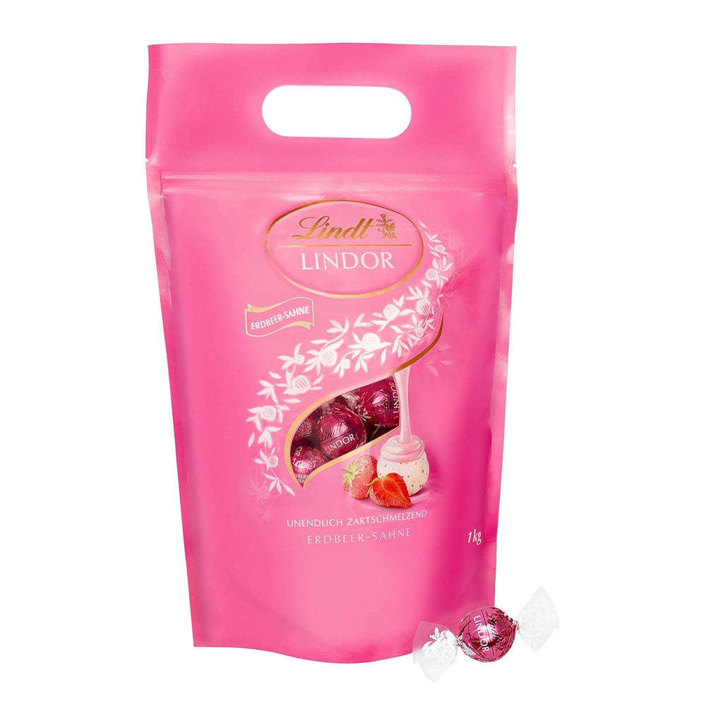 Mix de ciocolată LINDOR | 1371 g | Aprox. 109 bile: Bile de ciocolată cu lapte și LINDOR cu cremă de căpșuni | Pungă de 1 kg, aprox. 80 de bile de ciocolată ciocolată albă cu cremă de căpșuni