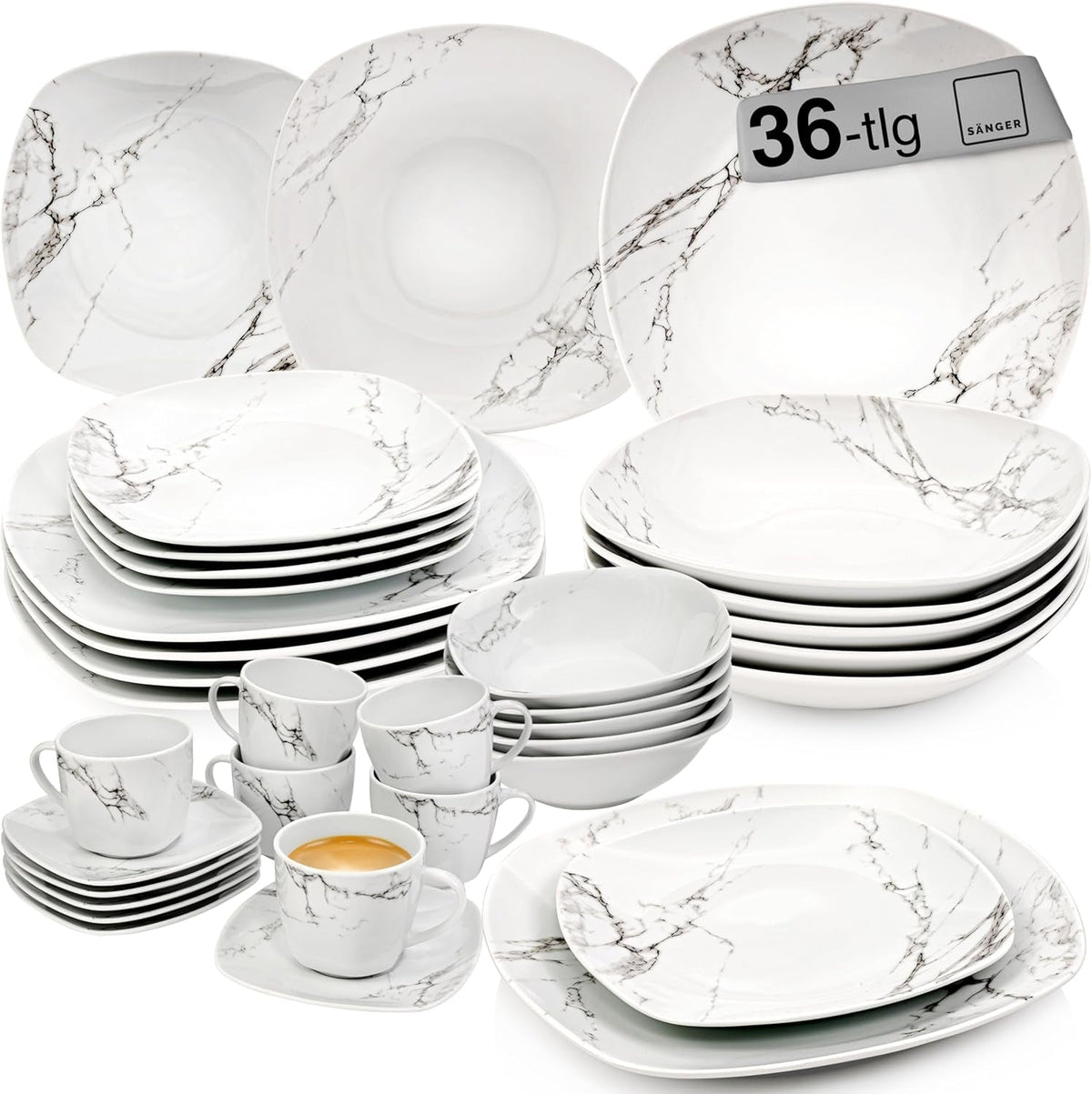SÄNGER | Set de veselă combinat Bilgola din marmură, set de veselă cu 36 de piese pentru 6 persoane, cu farfurii de cină, farfurii de desert, farfurii de sumă, boluri pentru cereale, farfurii de cafea și farfurioare din porțelan, pătrat | COLECȚIA PREMIUM