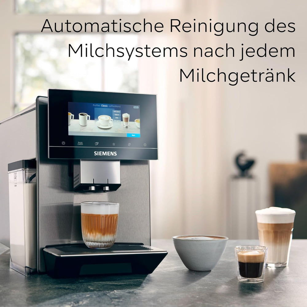Espressor complet automat SIEMENS EQ900 TQ905D03, control prin aplicație, afișaj complet tactil, mod barista, reducere a zgomotului, până la 10 profiluri, râșniță premium, curățare automată cu abur, 1500 W, oțel inoxidabil