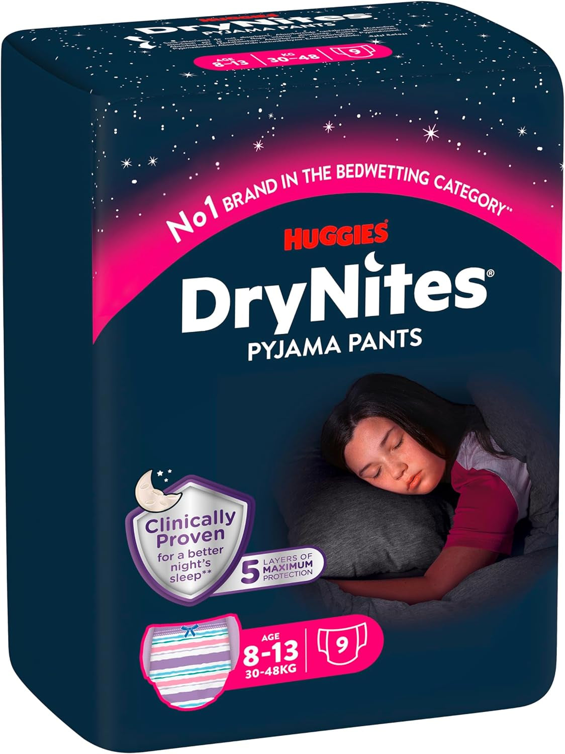 Scutece Huggies DryNites Nighttime pentru enurezis, pentru băieți de la 13 până la aproximativ 8-13 ani (30-48 kg), 33 de bucăți (3x11), pachet lunar Jumbo, chiloți pentru scutece XL, produse de baie Vazba