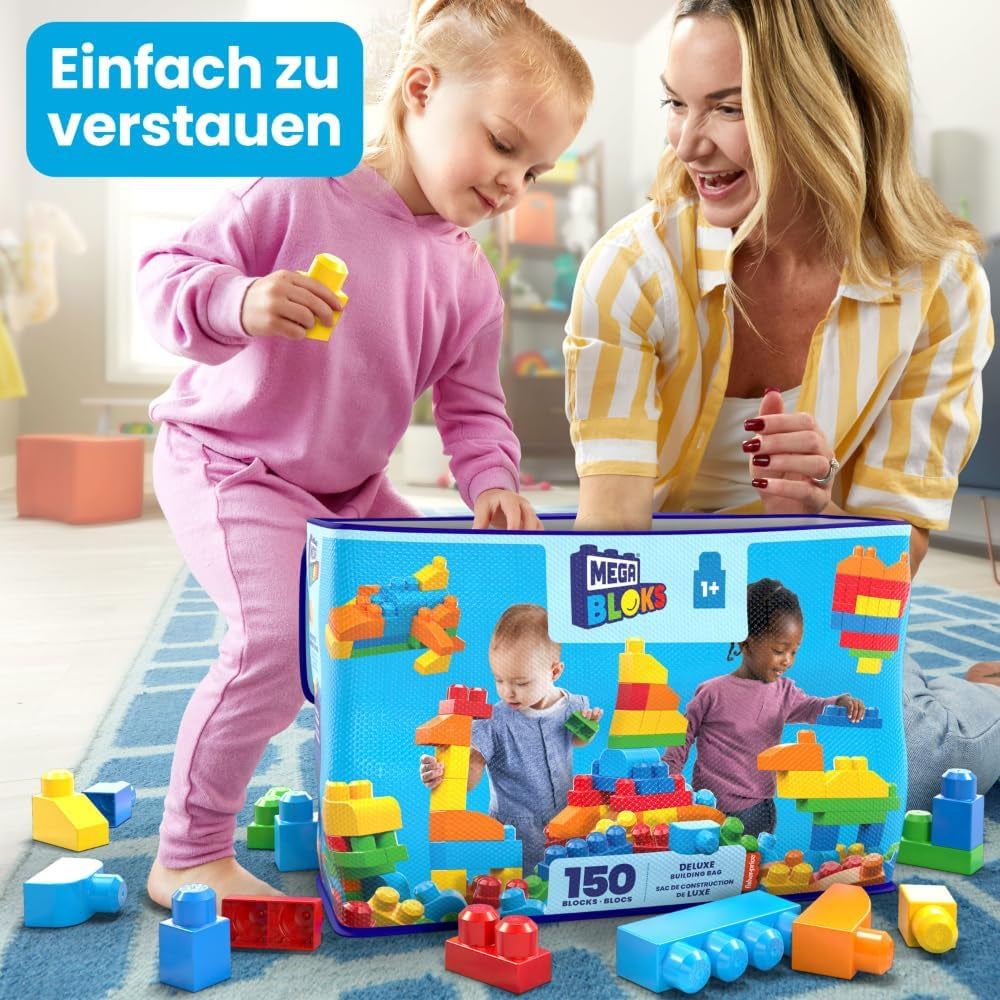 MEGA BLOKS First Builders Bausteine-Spielzeugset für Kleinkinder, Deluxe Bausteinebeutel mit 150 Teilen und Aufbewahrungsmöglichkeit, kreatives, offenes Spielen, blau, ab 1 Jahr, CNM43