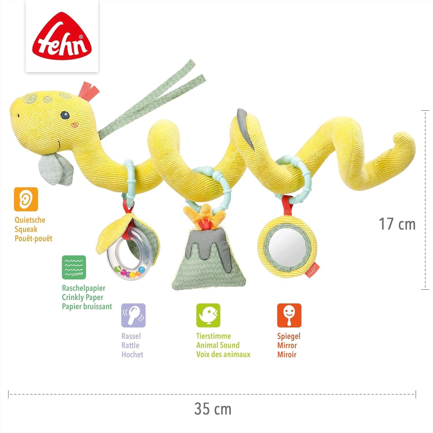 Fehn Activity Spiral Dino - jucărie de cărucior pentru pipăit și prindere - jucărie dinozaur pentru copii pentru pat, loc de joacă, cărucior pentru sugari și scaun auto - jucărie de activitate motorie pentru bebeluși și copii mici de la 0+ luni Jucarii Bebe Naty Shop