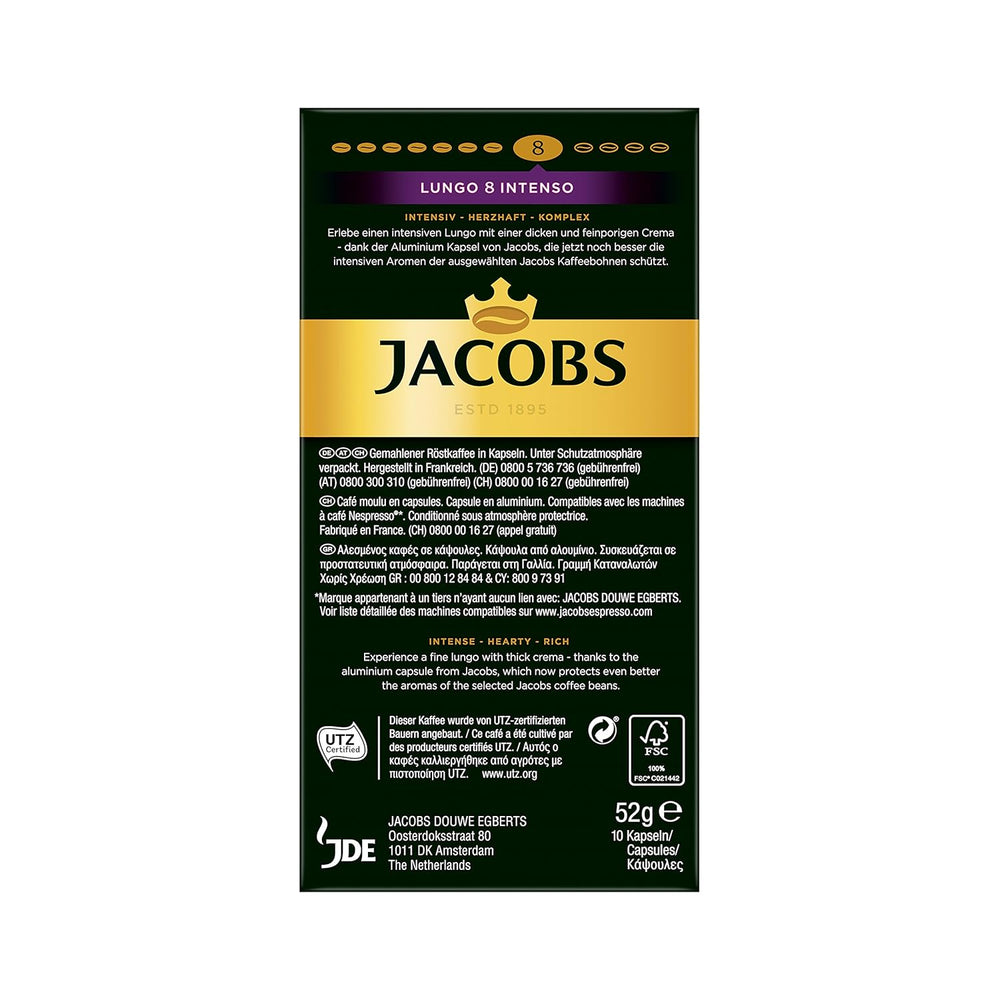 Jacobs Kapseln Lungo Intenso, Intensität 8 & Kapseln Espresso Intenso, Intensität 10,100 Nespresso®* kompatible Kaffeekapseln, 10er Pack, 10 x 10 Getränke