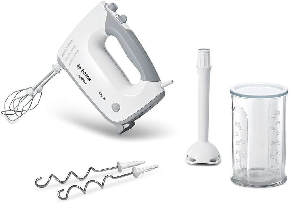 Bosch Hausgeräte Handrührer Ergomixx MFQ36440, 2 Rührbesen, 2 Edelstahl-Knethaken, Pürierstab, Becher, Spülmaschinengeeignet, 5 Stufen plus Turbostufe, 450 W, Weiß Bucatarie Naty Shop