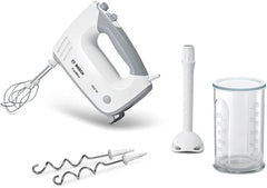 Bosch Hausgeräte Handrührer Ergomixx MFQ36440, 2 Rührbesen, 2 Edelstahl-Knethaken, Pürierstab, Becher, Spülmaschinengeeignet, 5 Stufen plus Turbostufe, 450 W, Weiß Bucatarie Naty Shop