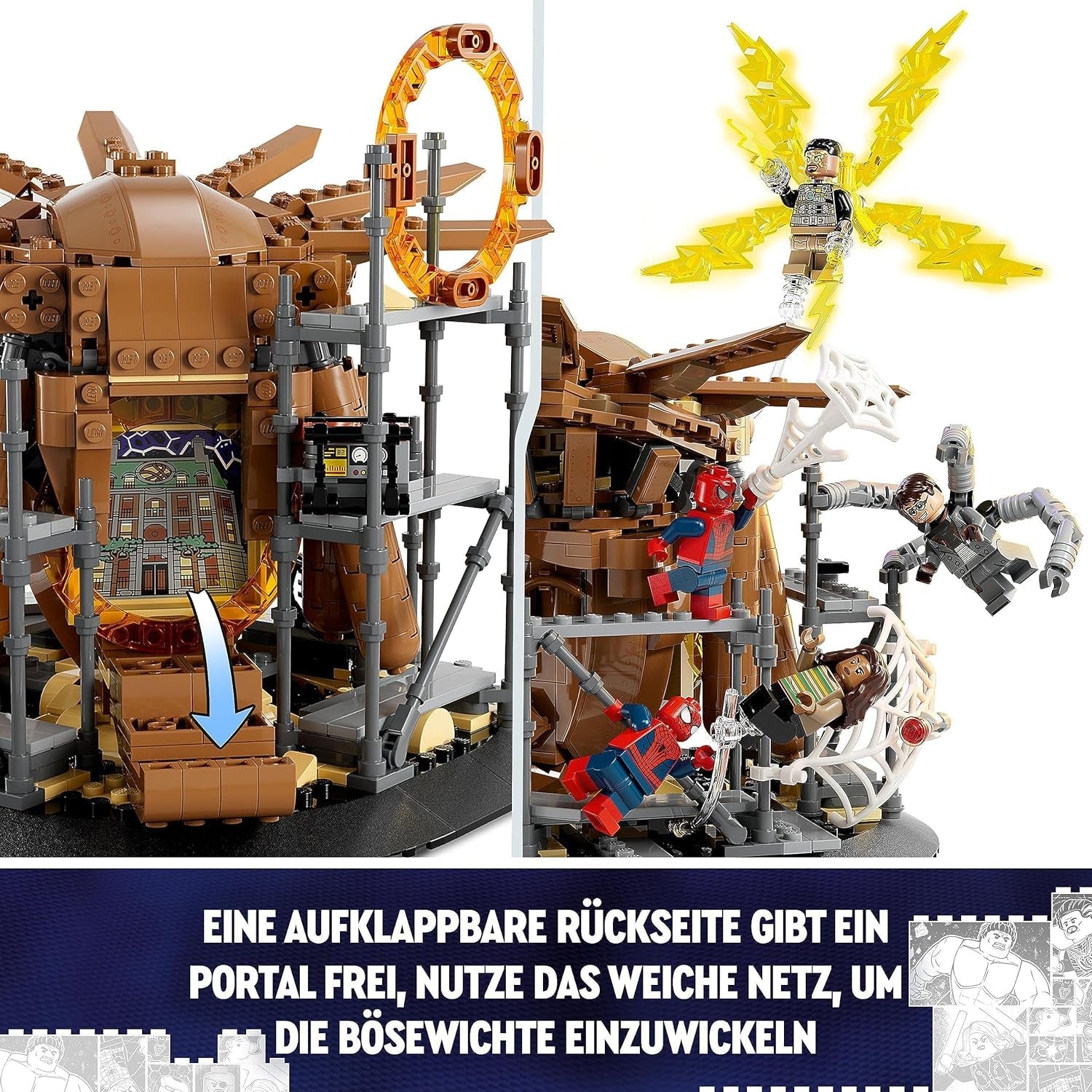 LEGO 76261 Marvel Spider-Man's Big Showdown, Spider-Man: No Way Home set cu 3 minifigurine Peter Parker plus Green Goblin, Electro, Sandman, Ned, Doctor Strange și MJ, model de colecție Seturi de constructie Besuche den LEGO-Store